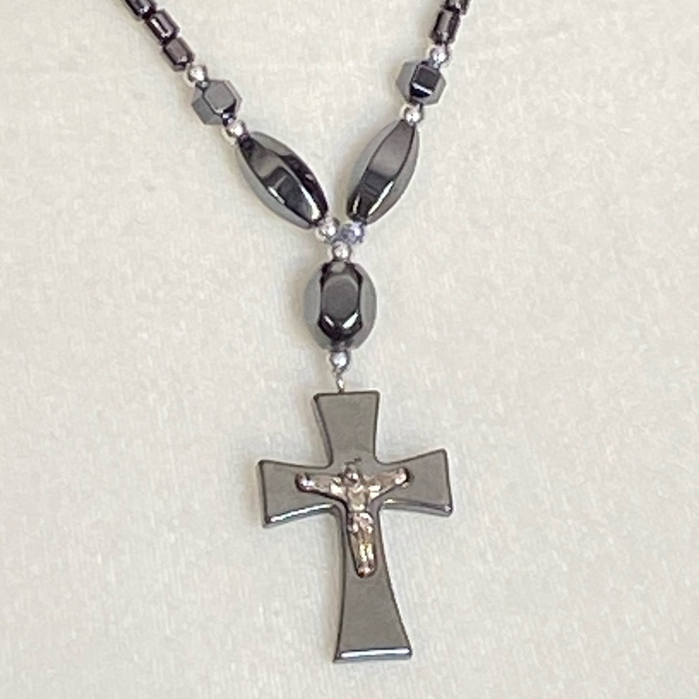 Hematite Gun Metal Cross Necklace